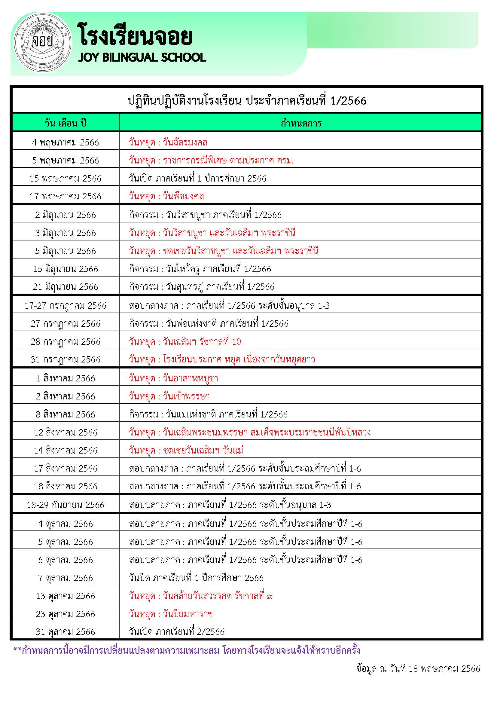 ปฎิทิน ภาคเรียนที่1/2566
